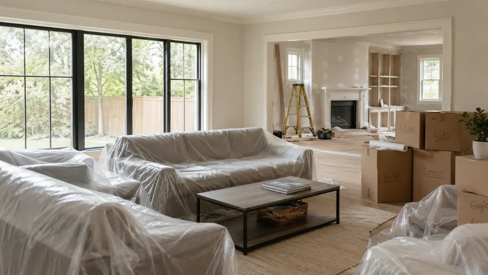 Furniture protected and wrapped during a home renovation