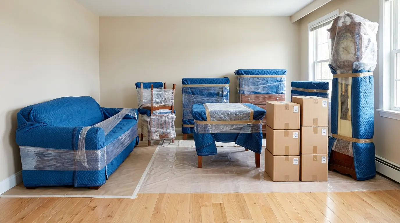 Household furniture wrapped in protective moving blankets and shrink wrap, with labeled boxes, in secure climate-conscious storage