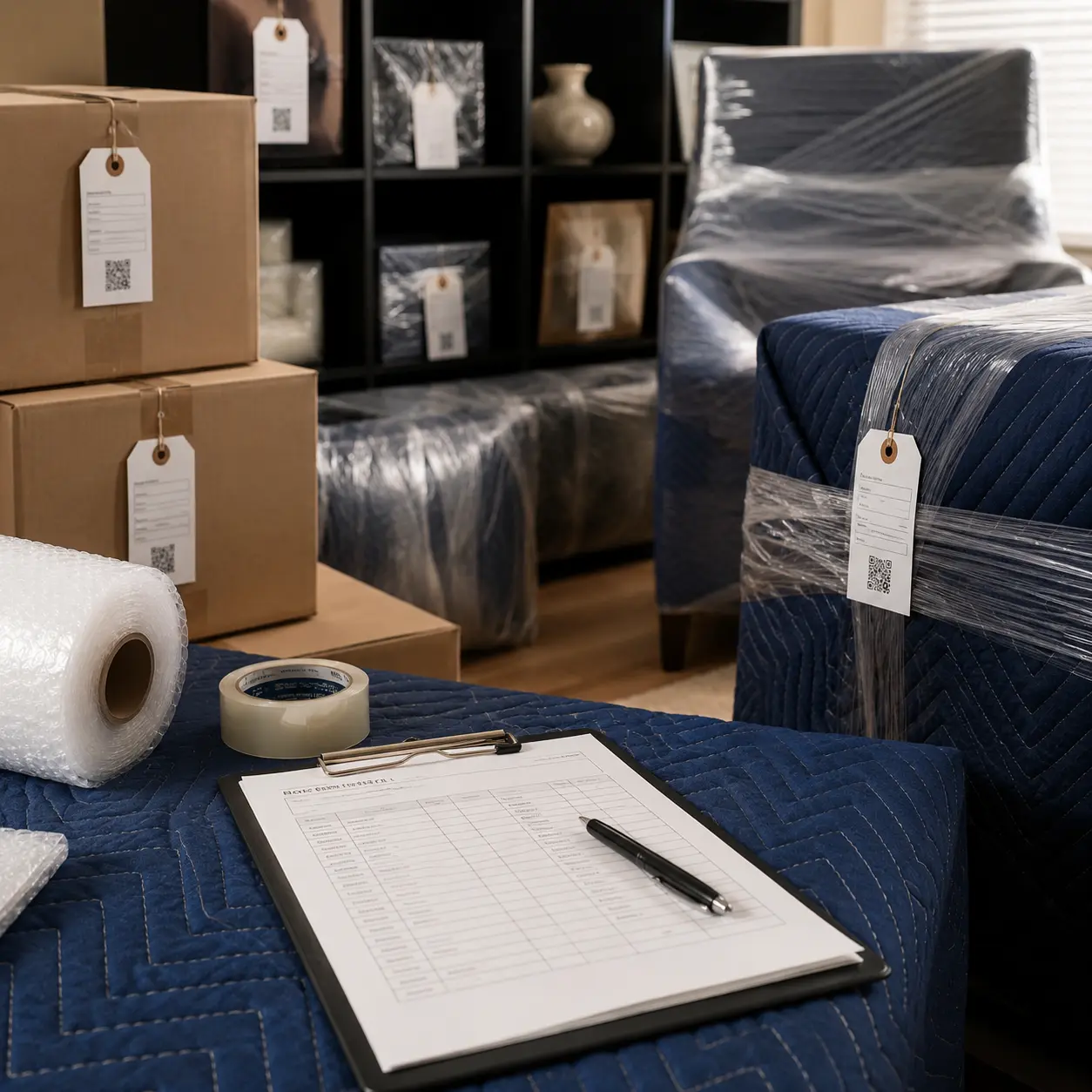 Inventory checklist on a clipboard beside QR-tagged labeled boxes and protectively wrapped furniture in storage