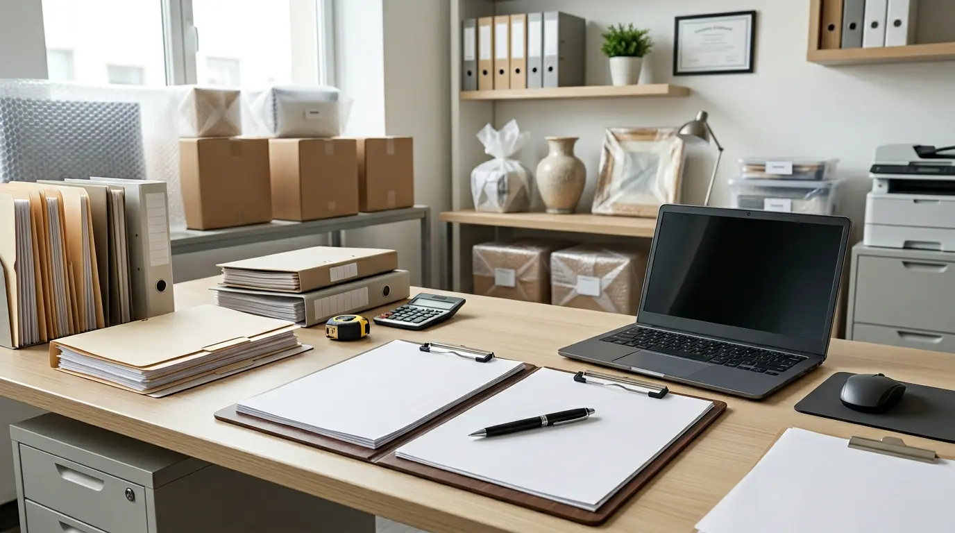 Organized claims desk with documents, binders, a clipboard, laptop, and packed boxes for insurance documentation